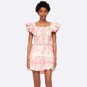 Sea NY Henrietta Flutter Sleeve Smocked Mini Dress pink white Hawaiian small
